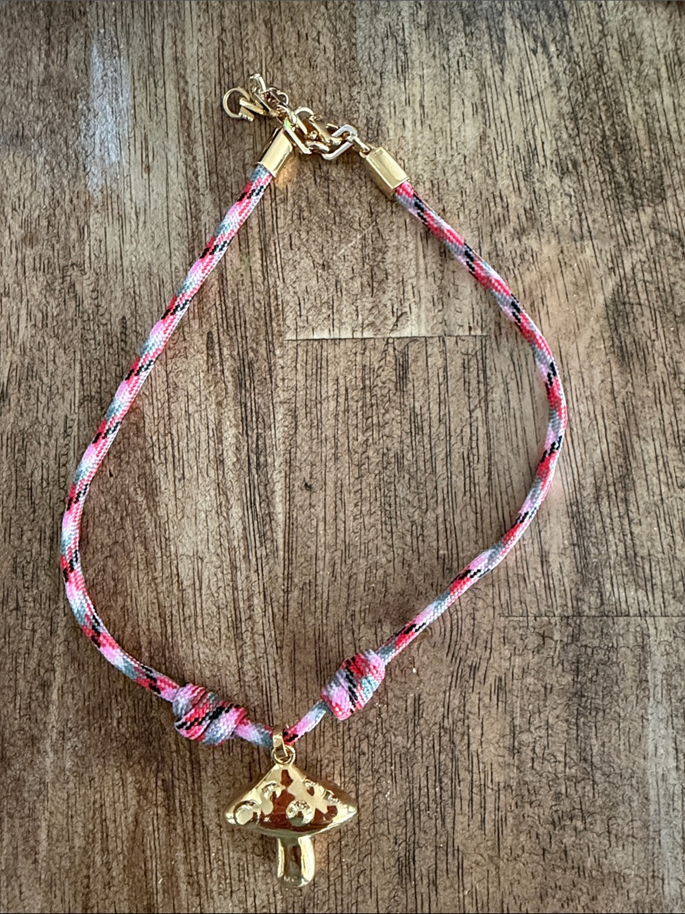 Martha Calvo Gold Mushroom Charm Pink Braided Cord Necklace